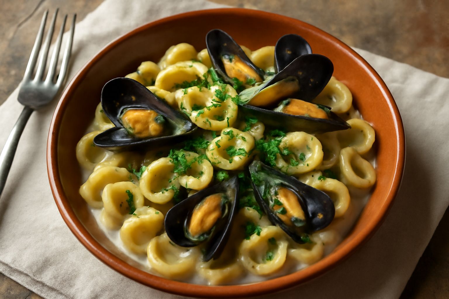 Piatto di orecchiette alle cozze con gusci scuri delle cozze, pasta color ambra, sugo bianco con tracce di aglio e prezzemolo fresco, olio lucido sulla superficie, presentato in ciotola bianca