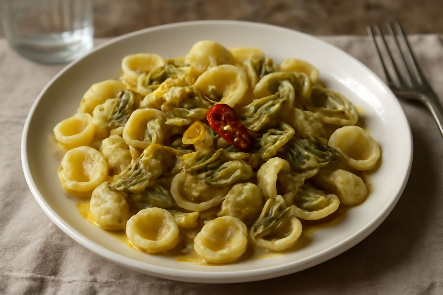 Piatto di orecchiette color beige-dorato con pezzetti di carciofo verde pallido, aglio dorato, olio lucente, peperoncino rosso, pepe nero sparso, presentate in piatto bianco fondo con filo d'olio crud