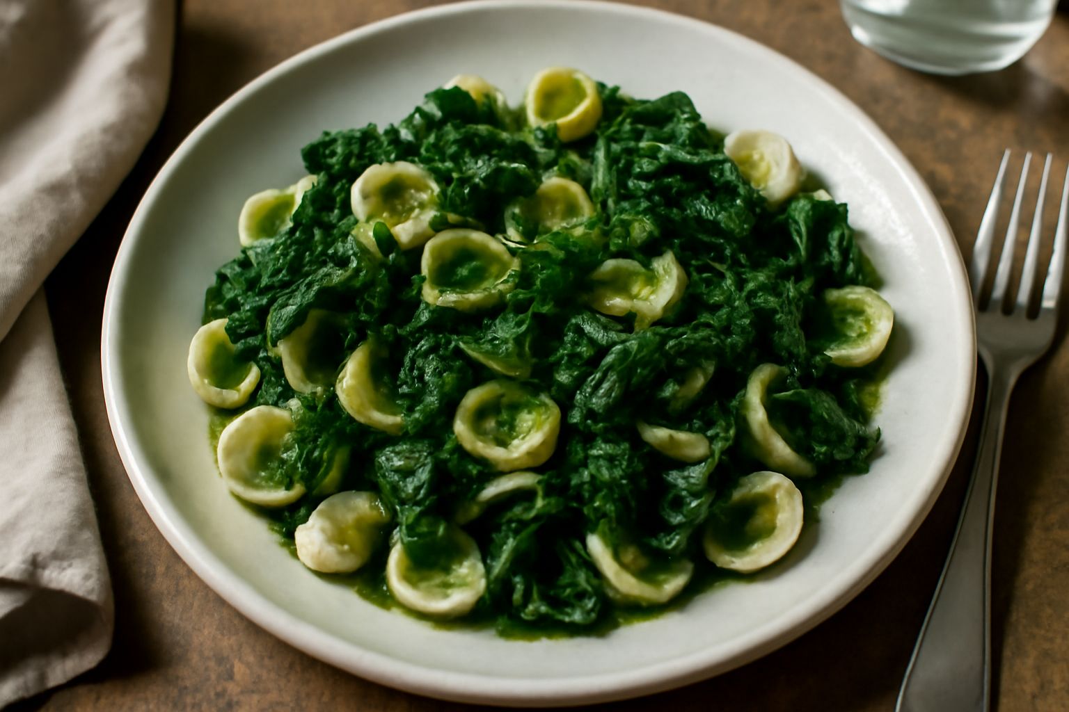 Piatto di orecchiette bianche cotte con cima di rapa scura e aglio dorato, condite con olio verde e peperoncino rosso, servite in ciotola bianca con cucchiaio di legno