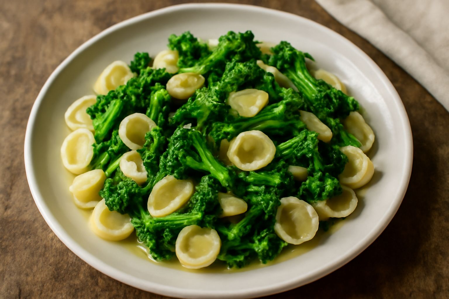 Piatto di orecchiette con cime di rapa verde scuro, aglio dorato e gocce di olio, guarnito con peperoncino rosso, servito in un piatto di ceramica bianca