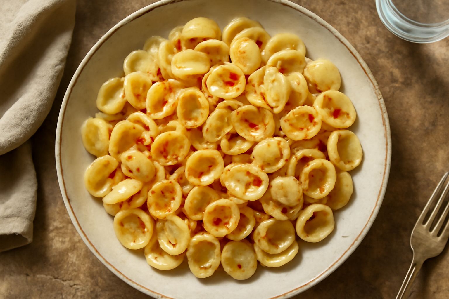 Piatto di orecchiette bianche condite con olio trasparente, scaglie di peperoncino rosso secco visibile, spicchi d'aglio leggermente dorati ai bordi, prezzemolo verde fresco distribuito sopra, servito