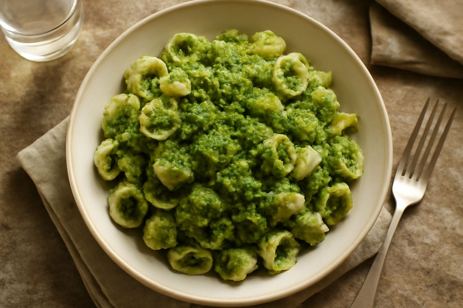 Piatto di orecchiette con broccoli verdi scuri arriminati in olio, servito in ciotola bianca con filo di olio extravergine in superficie, pezzetti di broccolo distribuiti uniformemente tra la pasta