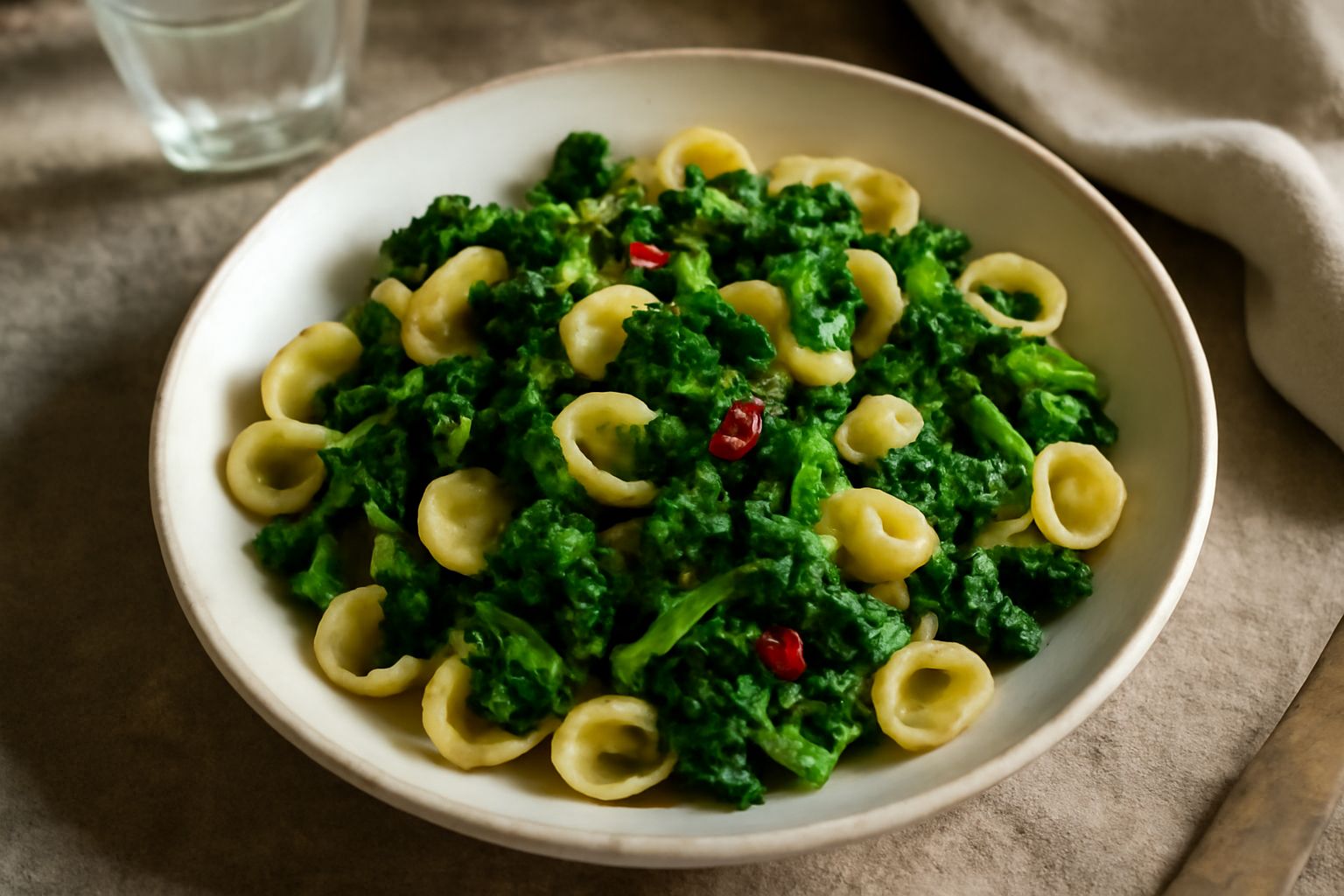 Piatto di orecchiette con broccoli di rapa: pasta a forma di piccoli gusci giallo dorato mescolata a broccoli verdi scuri, filetti di aglio dorato, gocce di olio lucido, peperoncino rosso in cima, ser