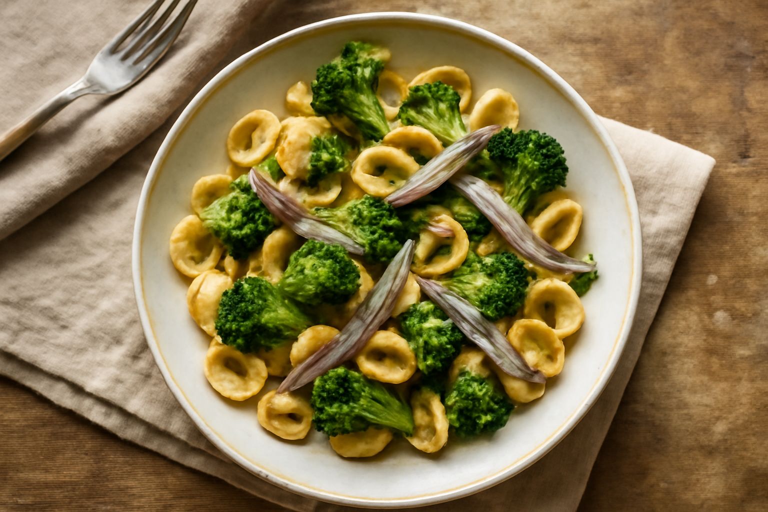 Piatto di orecchiette verdi e dorate con florets di broccoli brillanti, alici filettate, gocce d'olio dorato, servito su ceramica bianca con limone affettato a lato