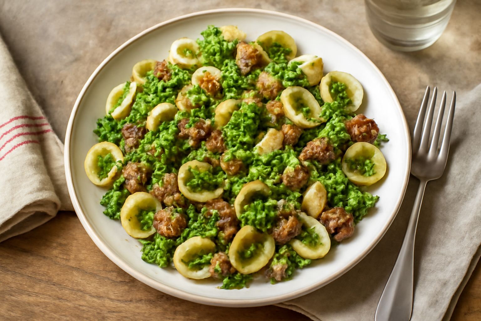 Piatto bianco con orecchiette al dente, florets di broccolo verde brillante, pezzetti di salsiccia marrone dorata, conditi con olio e pepe nero