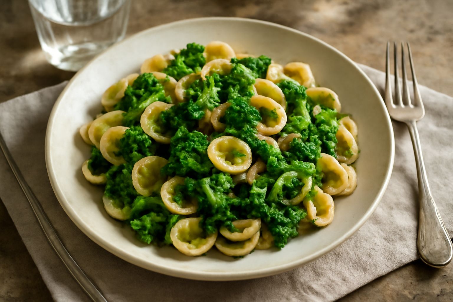 Piatto di orecchiette intere con cime di rapa verdi scure condite da acciughe salate, aglio e olio, su fondo grigio scuro
