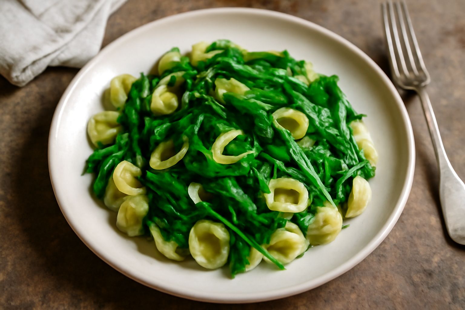 Piatto di orecchiette con foglie verdi di rucola fresca sparse in superficie, aglio leggermente dorato, olio che brillante, su fondo bianco con ombra morbida
