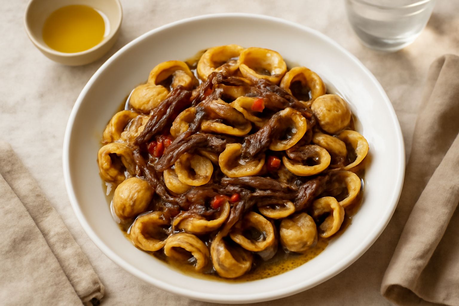 Orecchiette dorato-avorio condite con sugo marrone scuro a base di acciughe disciolte, aglio e peperoncino rosso, servite in piatto bianco con filo di olio d'oliva trasparente in superficie