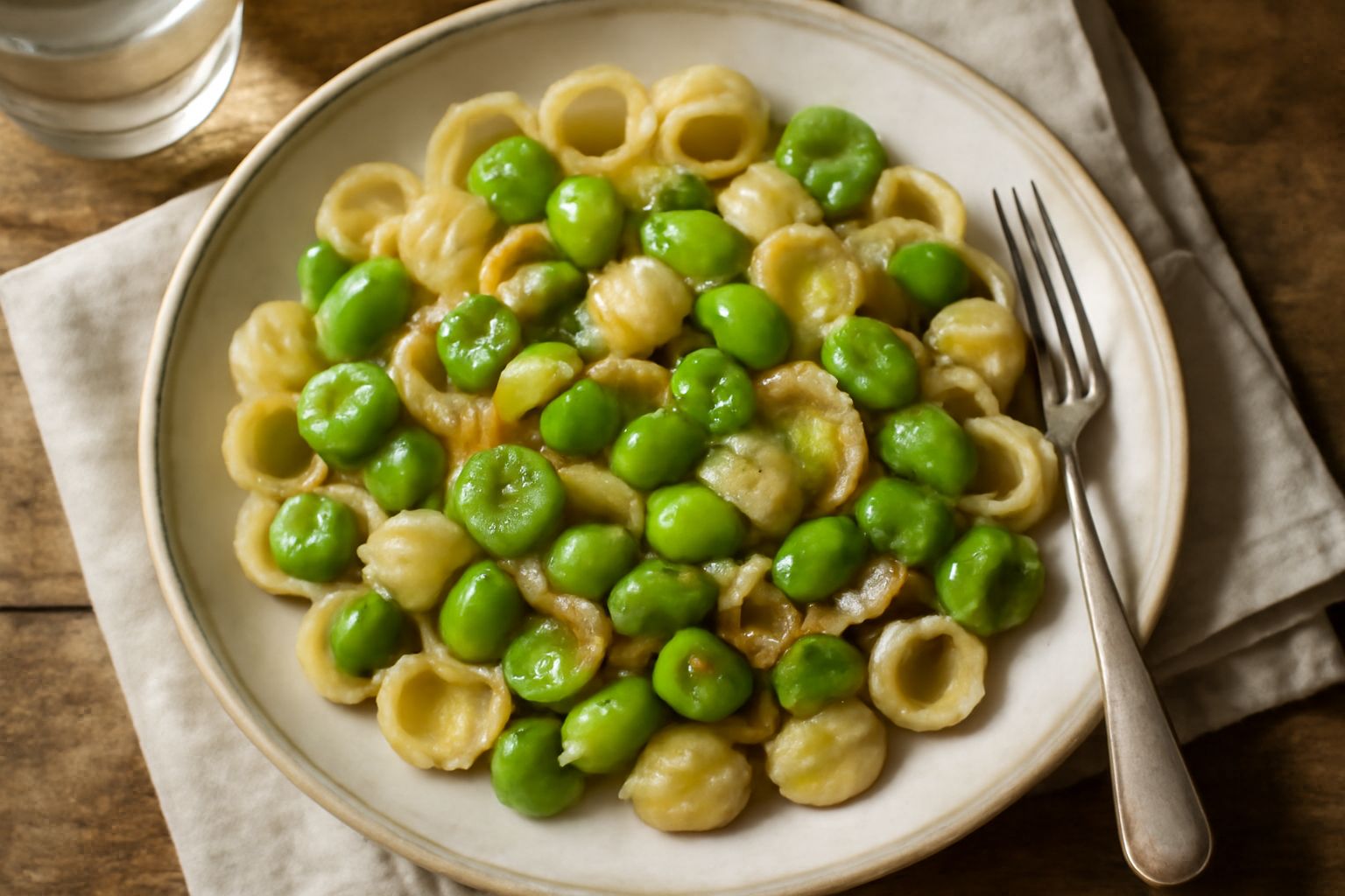 Piatto bianco con orecchiette cotte al dente, fave verdi tenere, cipolla bianca appena rossolata, grattugiato di pecorino romano, olio di oliva verde in superficie, servito su tavolo di legno chiaro