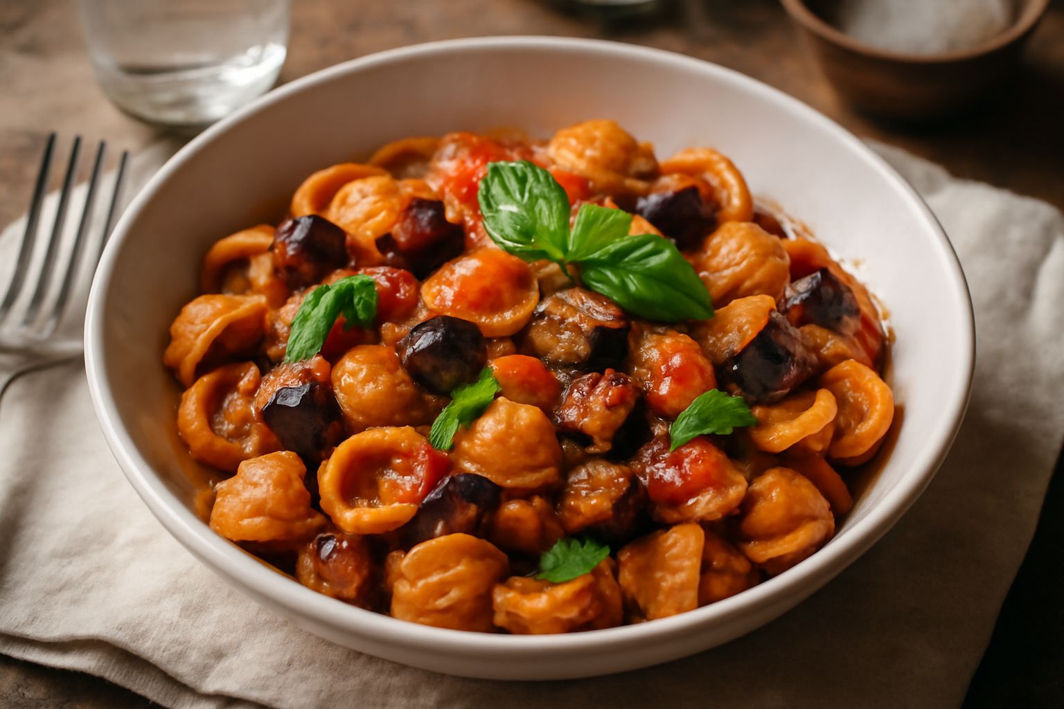 Piatto di orecchiette con melanzane viola-nere tagliate a dadini, pomodori rossi, basilico verde e parmigiano grattugiato, olio lucente visibile, in una ciotola di ceramica bianca