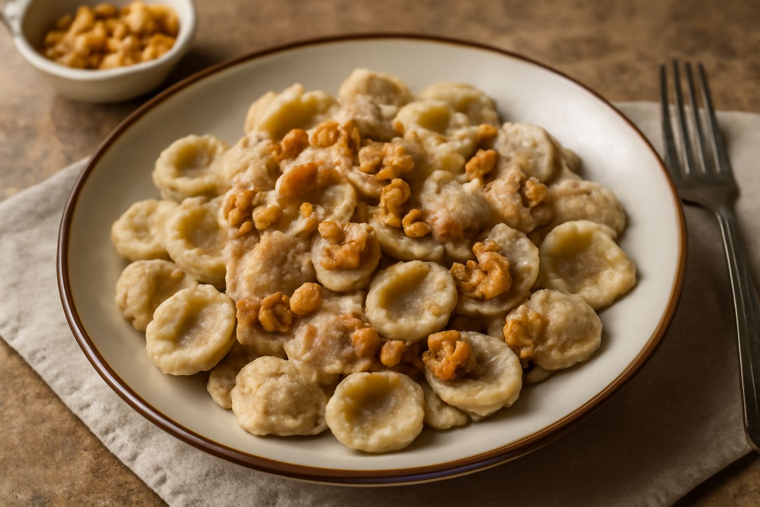 Un piatto di orecchiette con le noci servite in una ciotola bianca, pasta giallo oro ondulata con salsa beige alle noci, pezzi di noce visibili, completate da una spolverata di formaggio grattugiato e