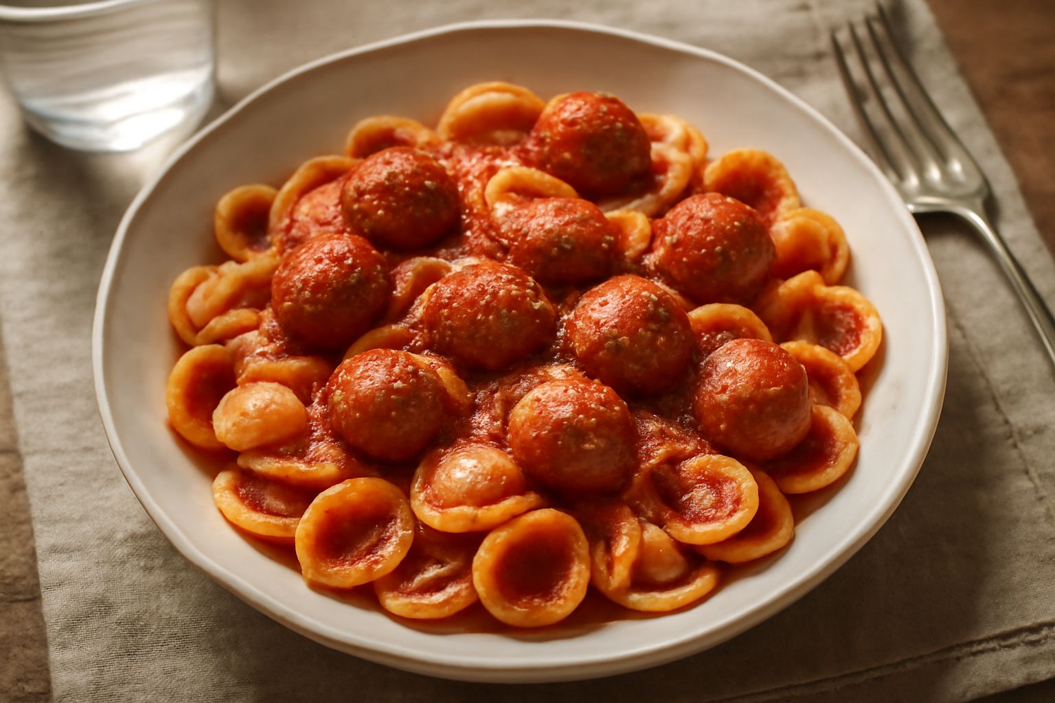 Piatto di orecchiette bianche con polpettine marroni immerse in salsa di pomodoro rosso intenso, guarnito con parmigiano grattugiato bianco e prezzemolo verde fresco