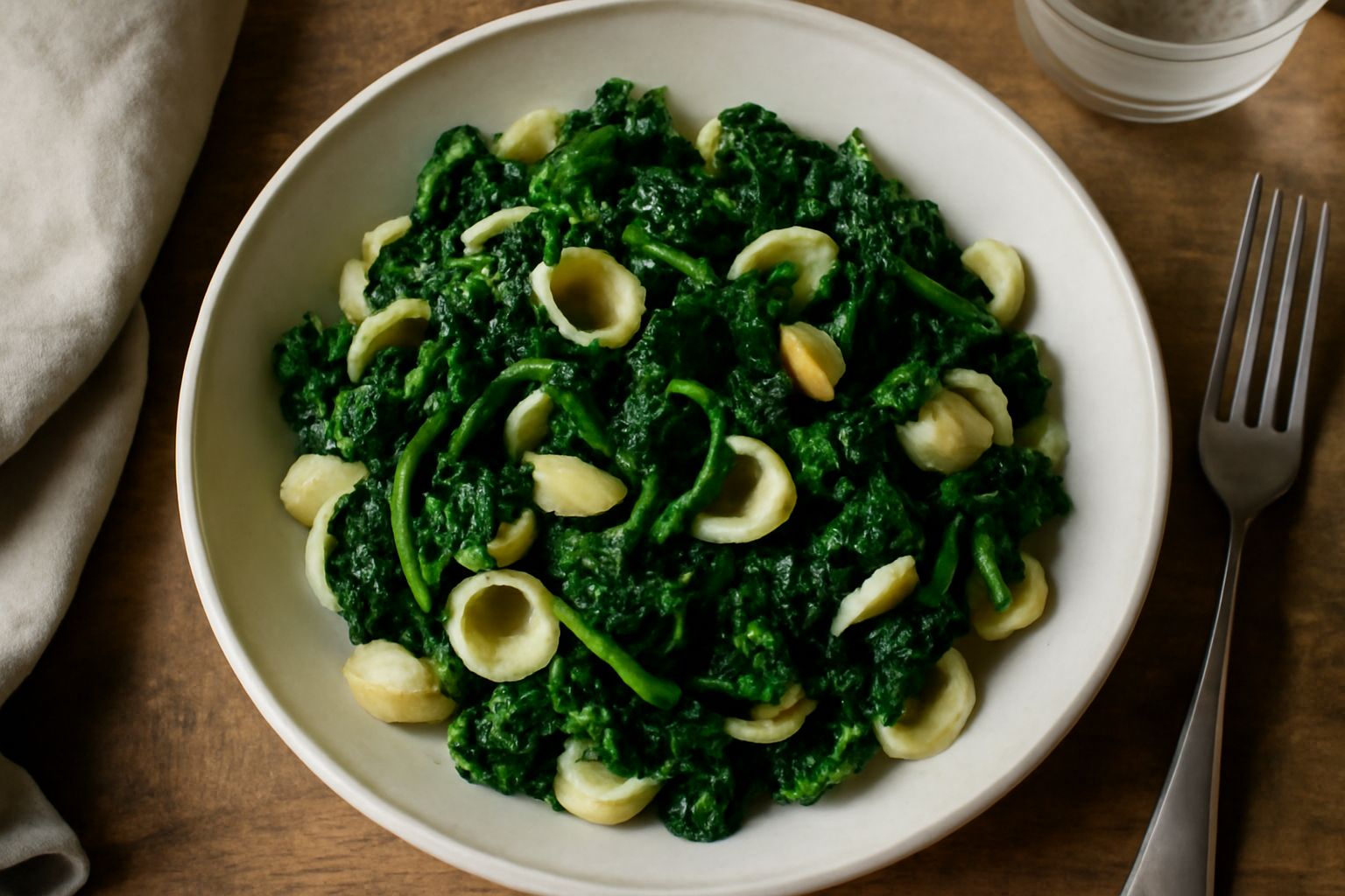 Piatto di orecchiette con rape nere saltate in padella, pasta integrata alle verdure scure, aglio dorato, filo di olio extravergine, servito in ciotola bianca