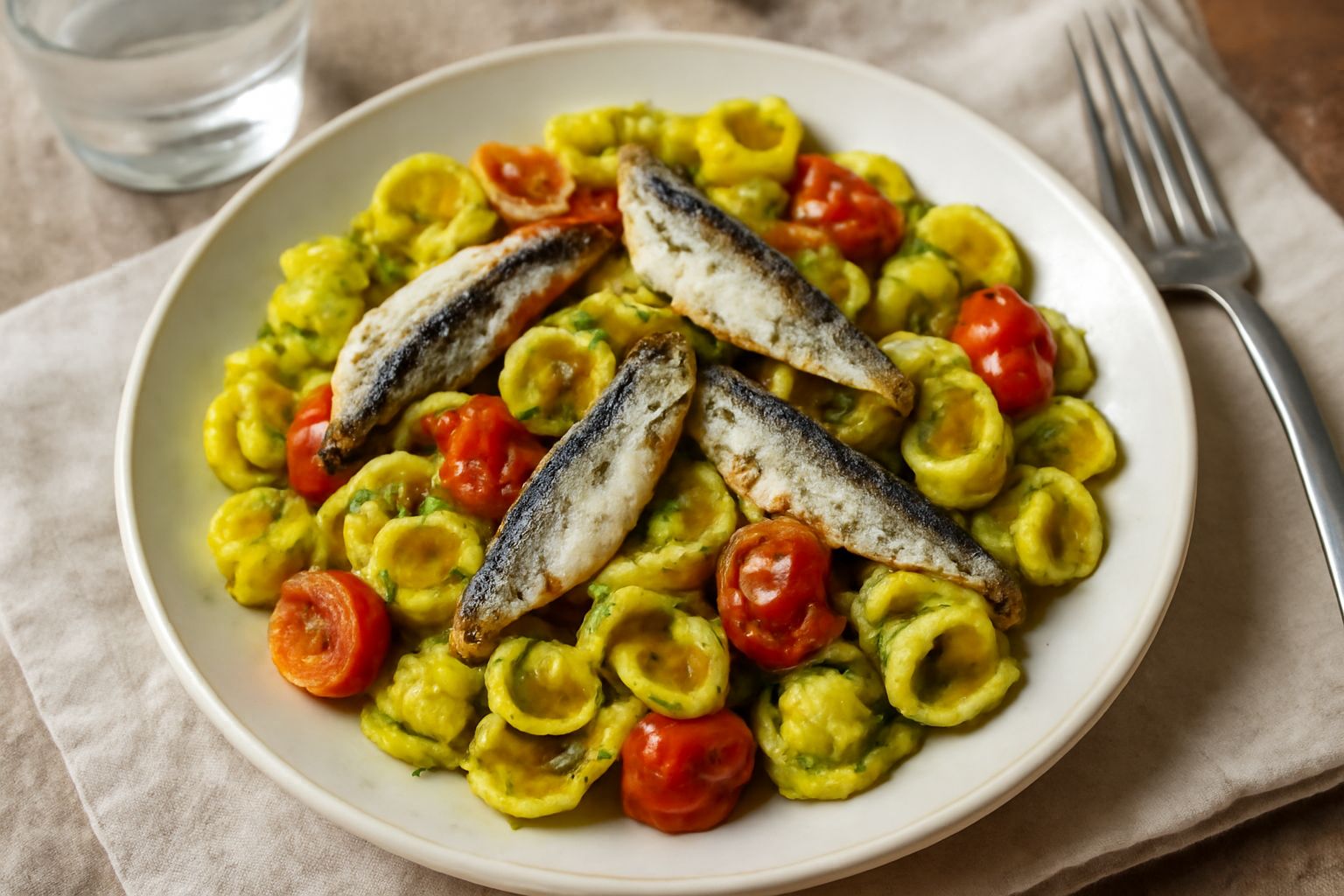 Piatto di orecchiette con le sarde: pasta a forma di piccoli orecchi tinta di giallo-verde da zafferano e prezzemolo, condita con filetti di sarda, pomodori rossi e cipolle dorate, servito in un piatt