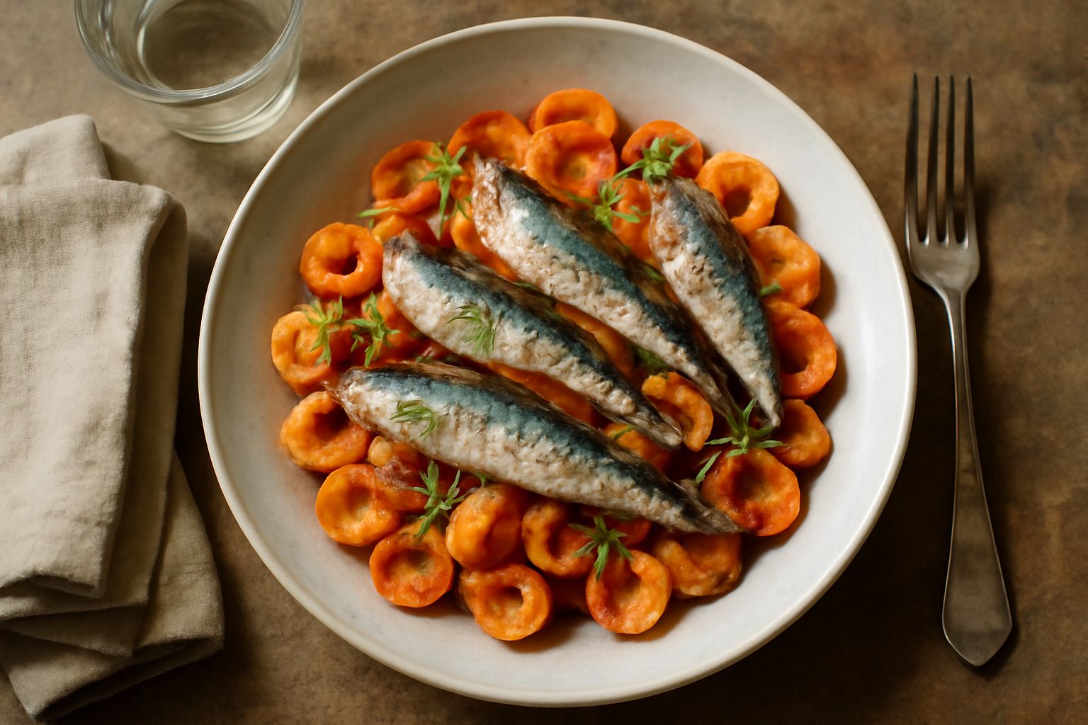 Orecchiette con sardine in un piatto bianco, pasta color ambra rivestita di salsa rossa con sardine intere e filetti, guarnita con finocchietto fresco verde e un filo d'olio