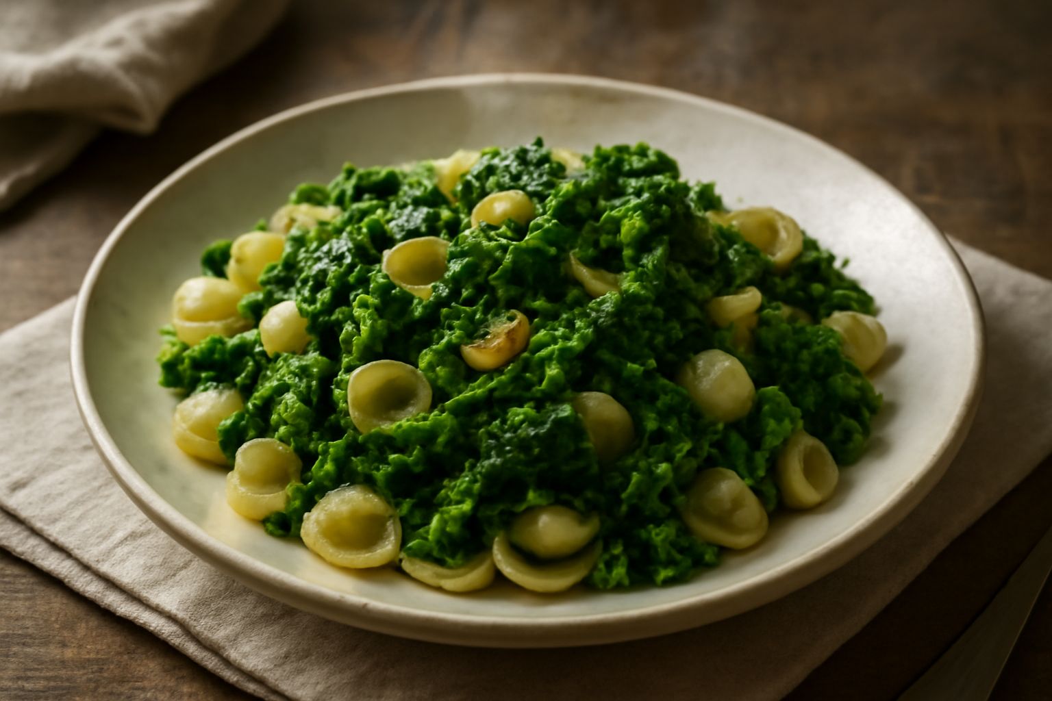 Piatto di orecchiette con le troccole su sfondo scuro: pasta a forma di piccole conchiglie rivestita di cime di rapa verdi, aglio dorato e olio brillante. Pezzetti di aglio visibili tra la pasta.