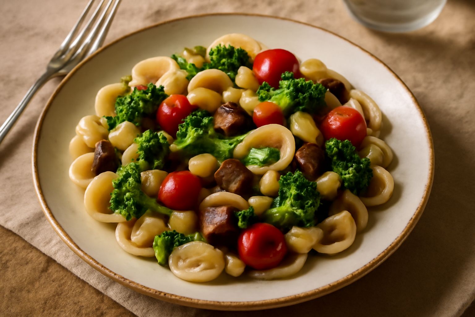 Orecchiette intere al dente in un piatto fondo di porcellana bianca, condite con broccoli verdi, melanzane scure e zucchine tagliate a dadini, garlic verde sparse in superficie, olio d'oliva lucido