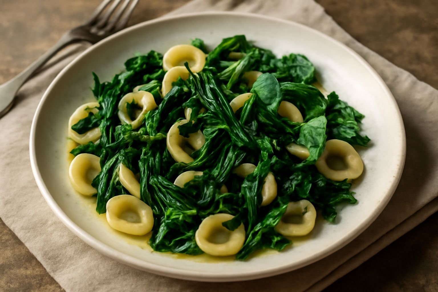 Piatto bianco con orecchiette integrali miste a cicoria verde scuro e borragine, condite di olio dorato, con aglio leggermente caramellato e peperoncino rosso sparso, impiattamento rustico