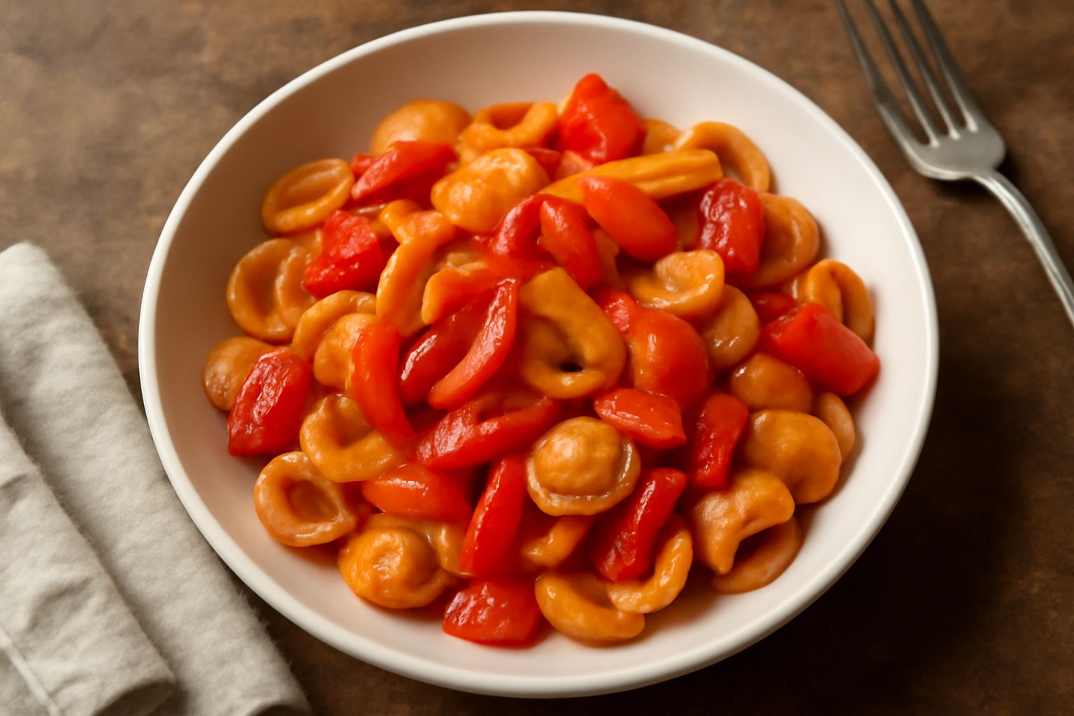 Piatto di orecchiette con peperoni rossi, gialli e arancioni tagliati a strisce, condite con olio d'oliva, prezzemolo fresco verde e scaglie di pecorino chiaro, in un piatto di ceramica bianca rotonda