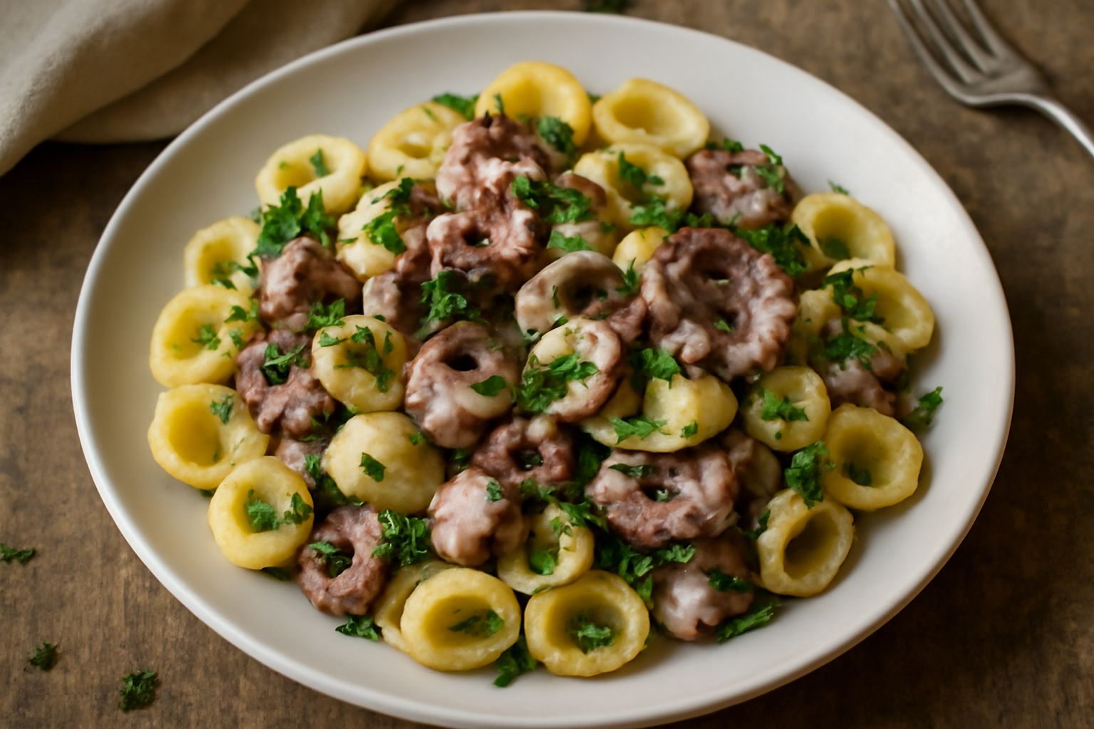 Piatto di orecchiette con polpo: pasta a forma di orecchio di colore beige-avorio, frammenti di polpo grigio pallido e rosa, prezzemolo verde brillante sparso in superficie, filo di olio che brilla, s