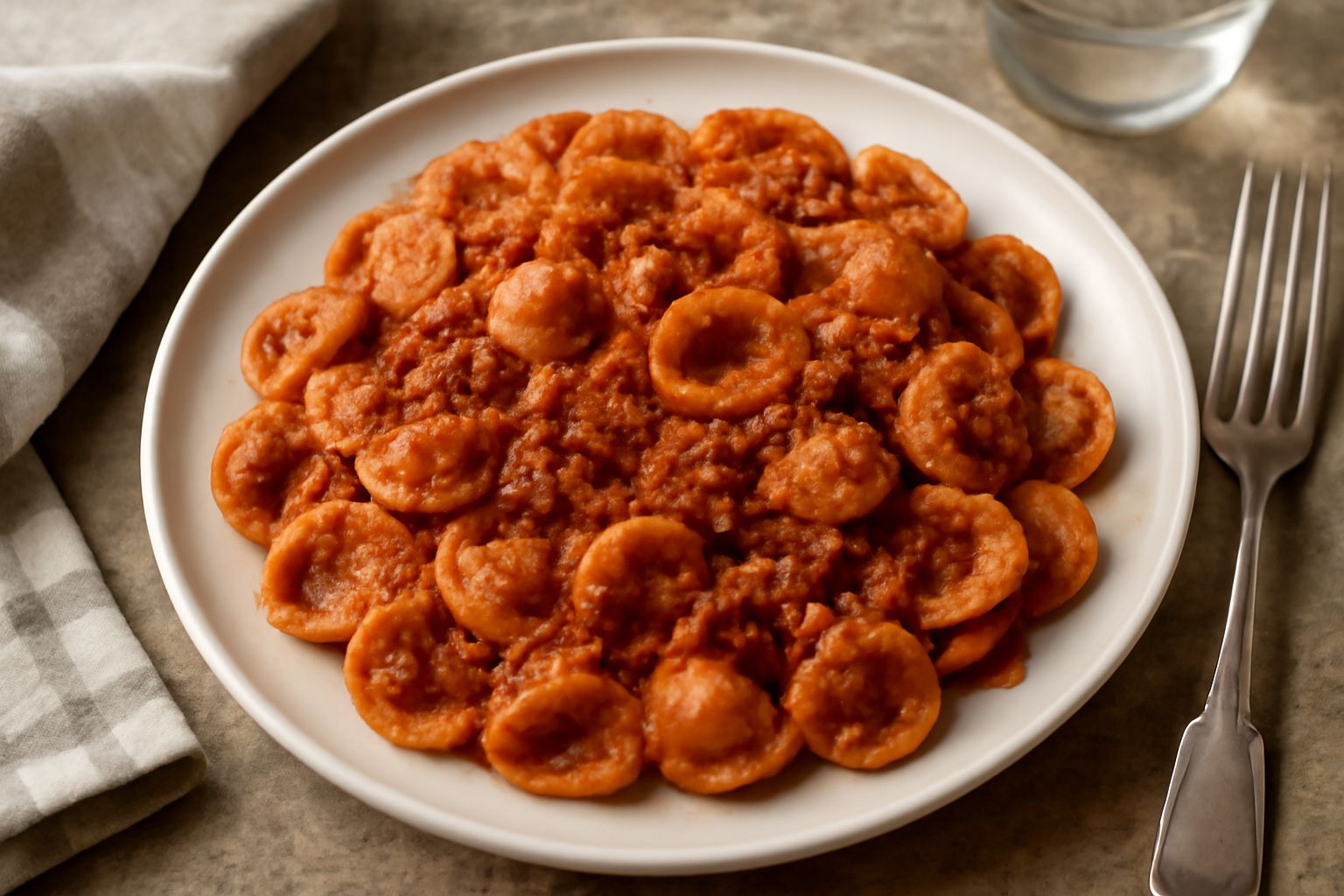 Piatto di orecchiette condite con ragù rosso scuro, carne polpettosa visibile nella salsa, parmigiano grattugiato bianco in superficie, piatto bianco, forchetta sul bordo