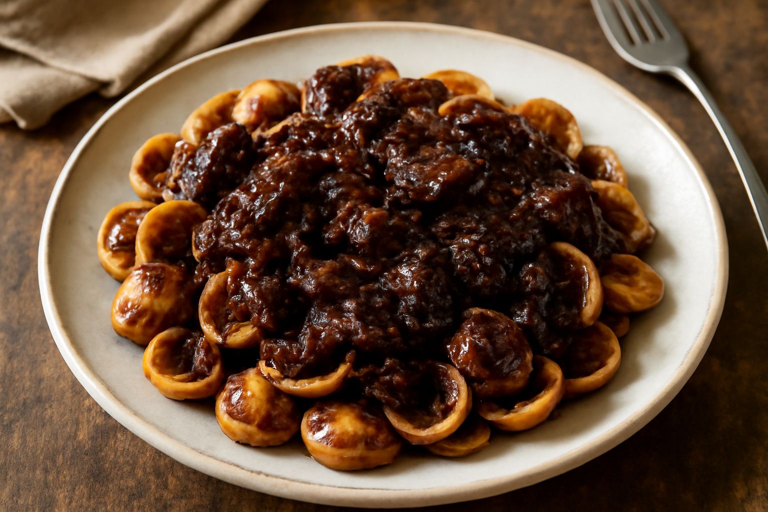 Piatto bianco con orecchiette al ragù di brace, pasta rivestita di sugo scuro e denso, pezzetti di carne visibili, pecorino grattugiato bianco in superficie, nessun contorno, tavolo di legno grigio