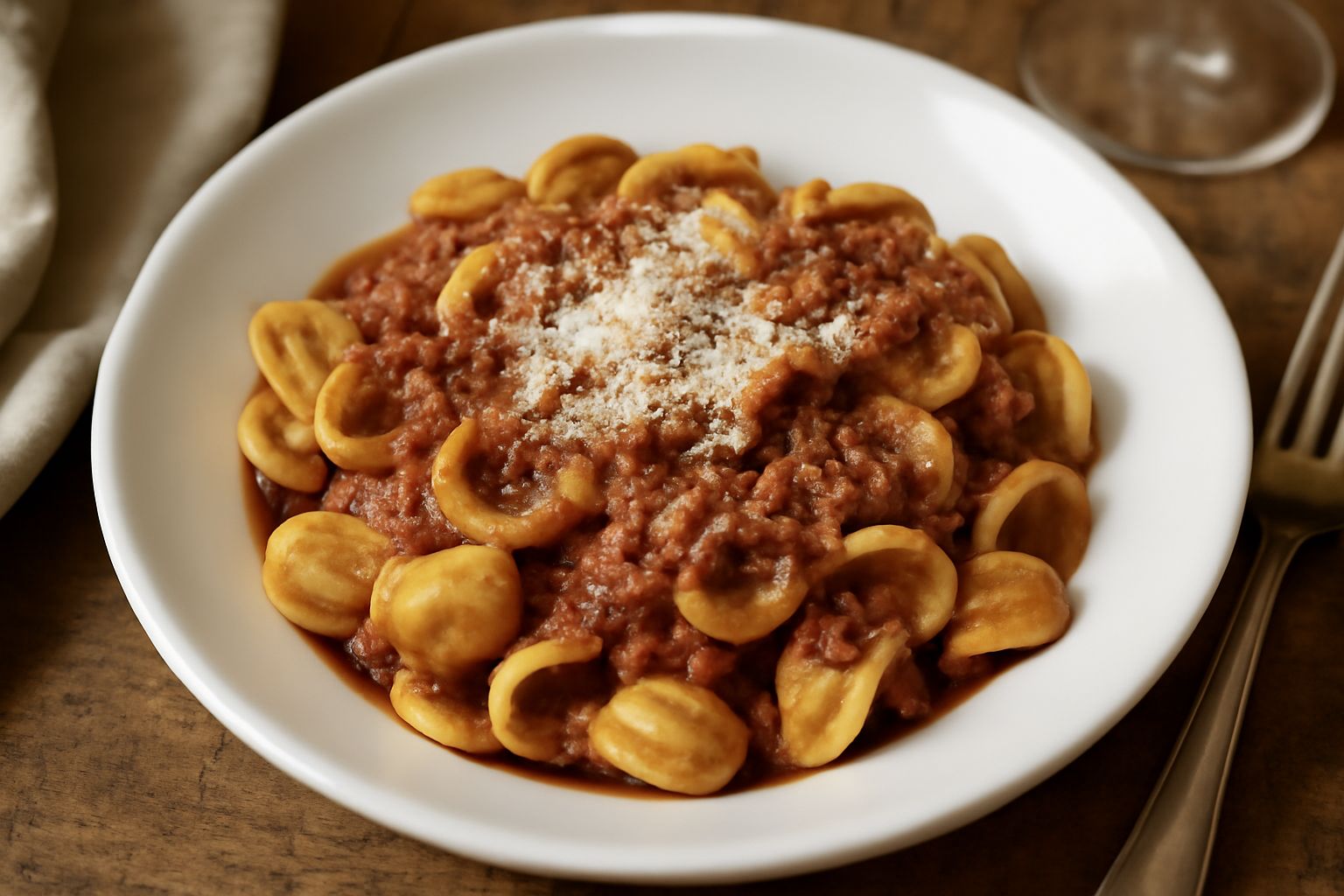 Piatto bianco con orecchiette ricoperte di ragù scuro di capra, guarnito con parmigiano grattugiato e prezzemolo fresco, su una tavola di legno naturale