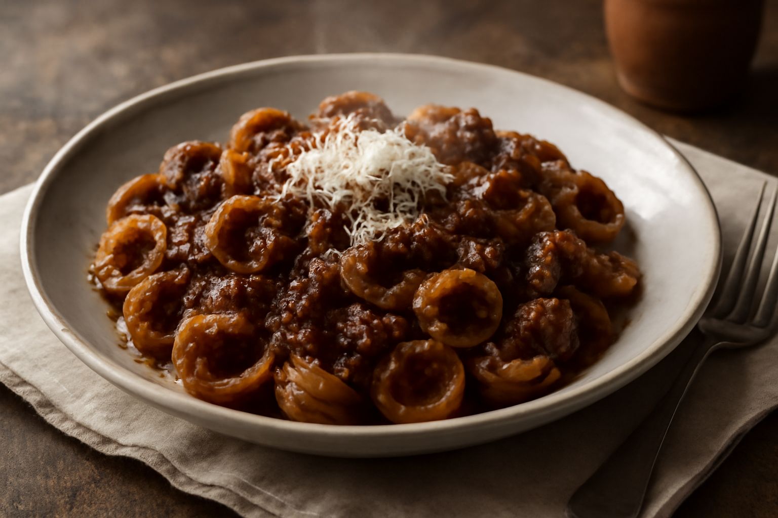 Piatto di orecchiette con ragù di carne scuro, servite in un piatto bianco, coperte di formaggio grattugiato bianco, con un cucchiaio di legno accanto e un bicchiere di vino rosso sullo sfondo