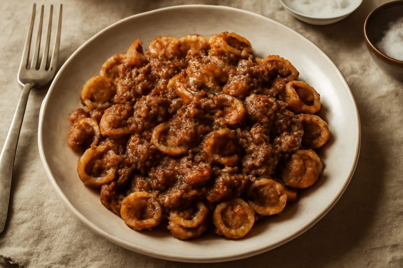 Piatto di orecchiette con ragù di manzo servito in un piatto bianco. Pasta color grano scuro rivestita di ragù rosso-marrone, guarnito con formaggio grattugiato bianco e una foglia di prezzemolo verde