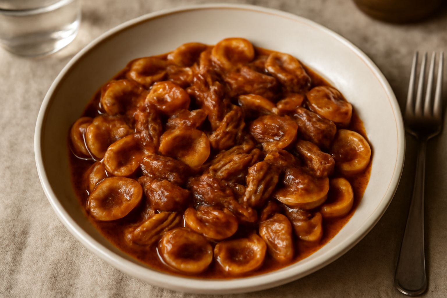 Piatto di orecchiette color marrone-dorato ricoperte di sugo rosso-marrone scuro, pezzi visibili di anatra, foglia di prezzemolo fresco al centro, fondo di ceramica bianca