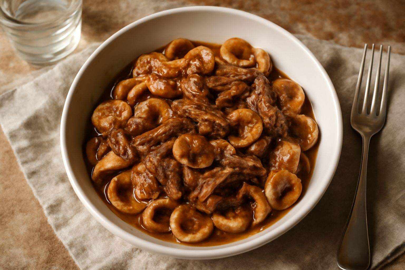 Piatto di orecchiette color marrone-dorato ricoperte di sugo rosso-marrone scuro, pezzi visibili di anatra, foglia di prezzemolo fresco al centro, fondo di ceramica bianca