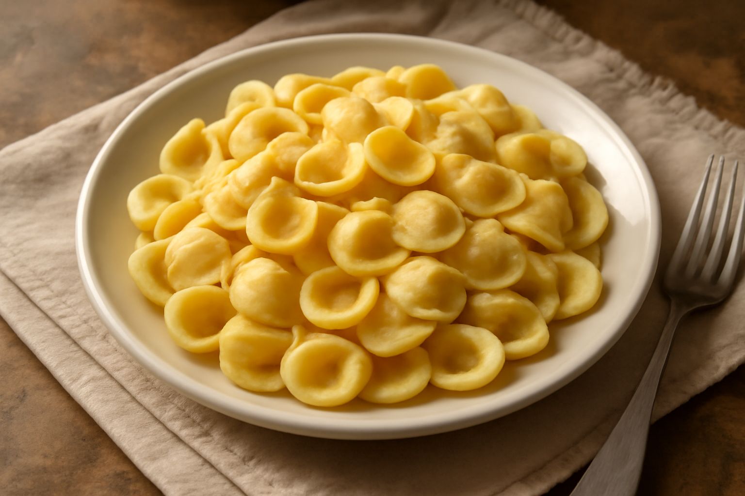 Orecchiette di semola giallo paglierino, dalle forme concave irregolari, sparse su una tavola di legno scuro infarinata, con granelli di semola visibili sulla superficie ruvida