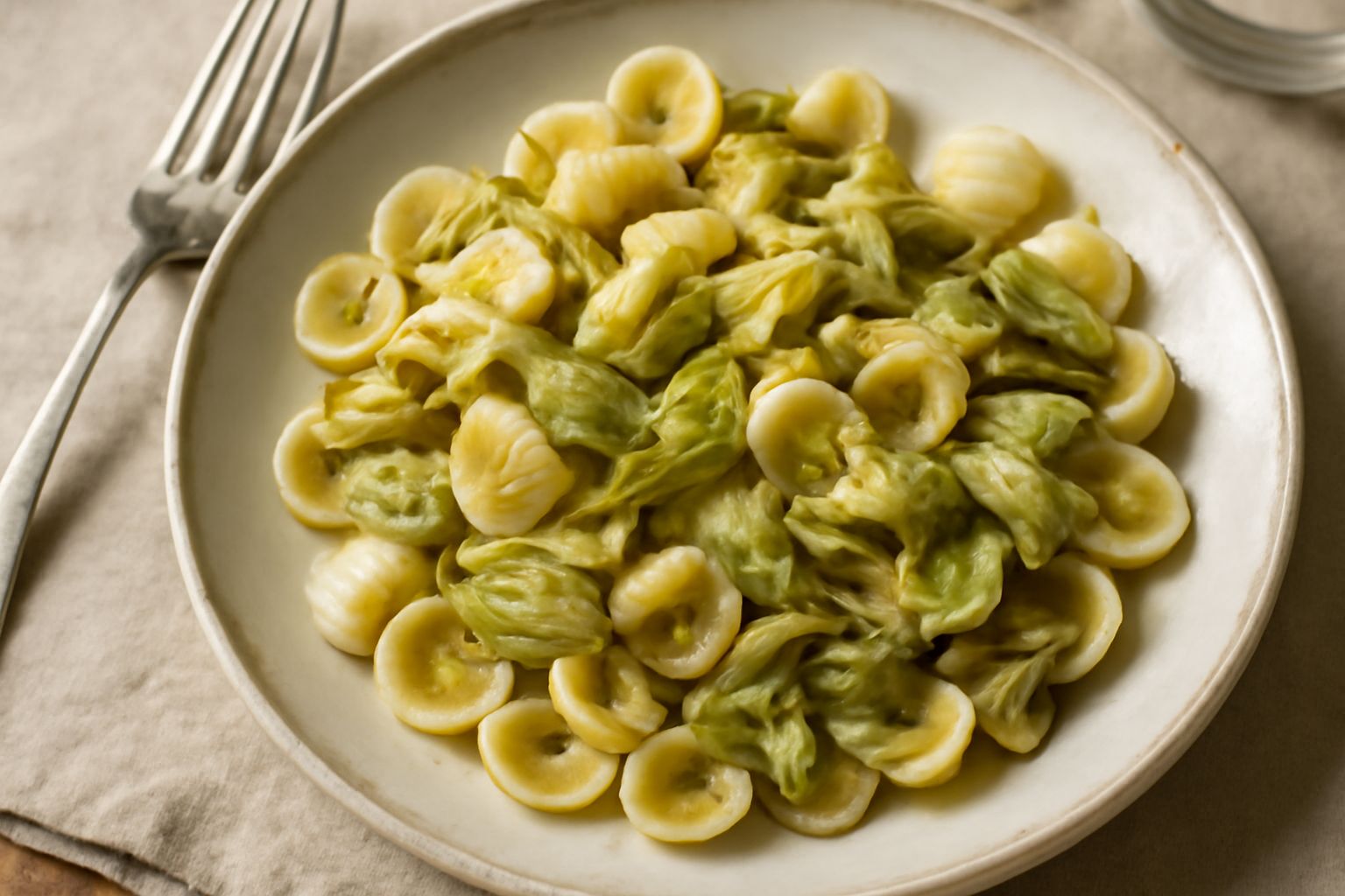 Piatto bianco con orecchiette al dente condite con carciofi tagliati sottili e dorati, aglio e prezzemolo fresco, coperti di olio d'oliva verde chiaro