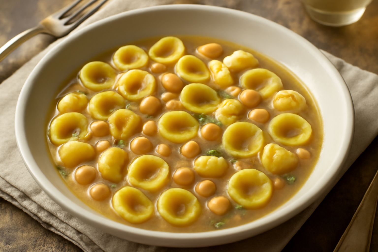 Un piatto bianco con orecchiette gialle e ceci beige legati da un brodo leggero, rosmarino fresco e filo di olio verde in superficie, pasta al dente ben visibile