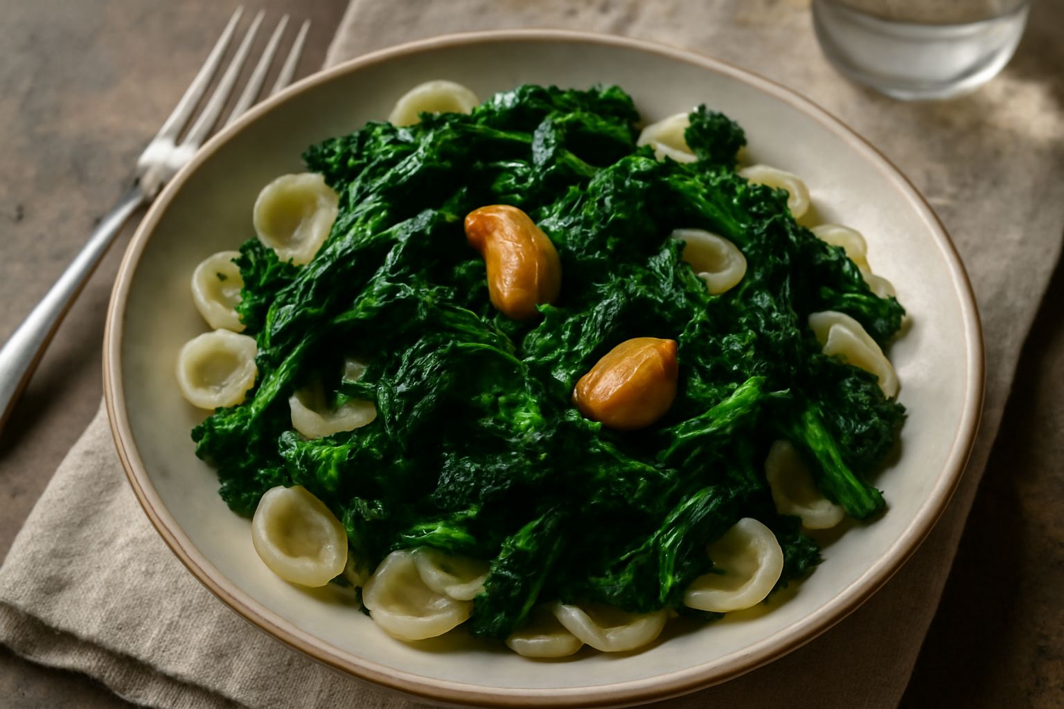Piatto di orecchiette con cime di rapa verdi scure, aglio dorato e fili di olio d'oliva, servito su piatto bianco con bordo grigio