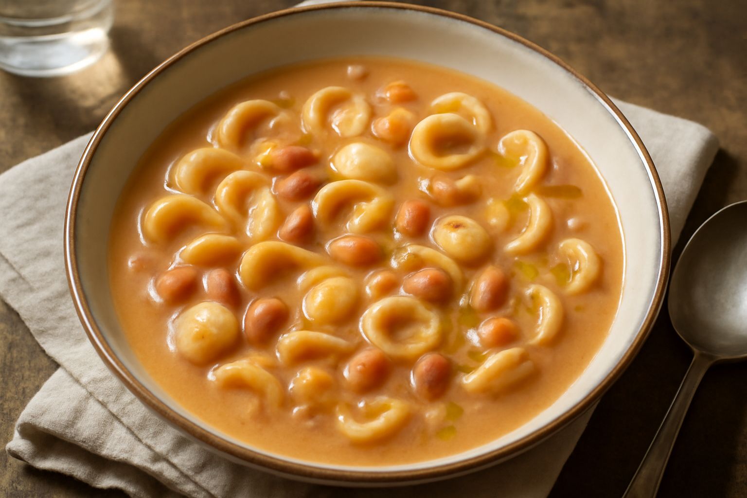 Ciotola di ceramica bianca con orecchiette e fagioli, brodo cremoso color nocciola, fagioli cannellini visibili interi e spezzati, filo d'olio verde in superficie, cucchiaio di legno poggiato sul bord