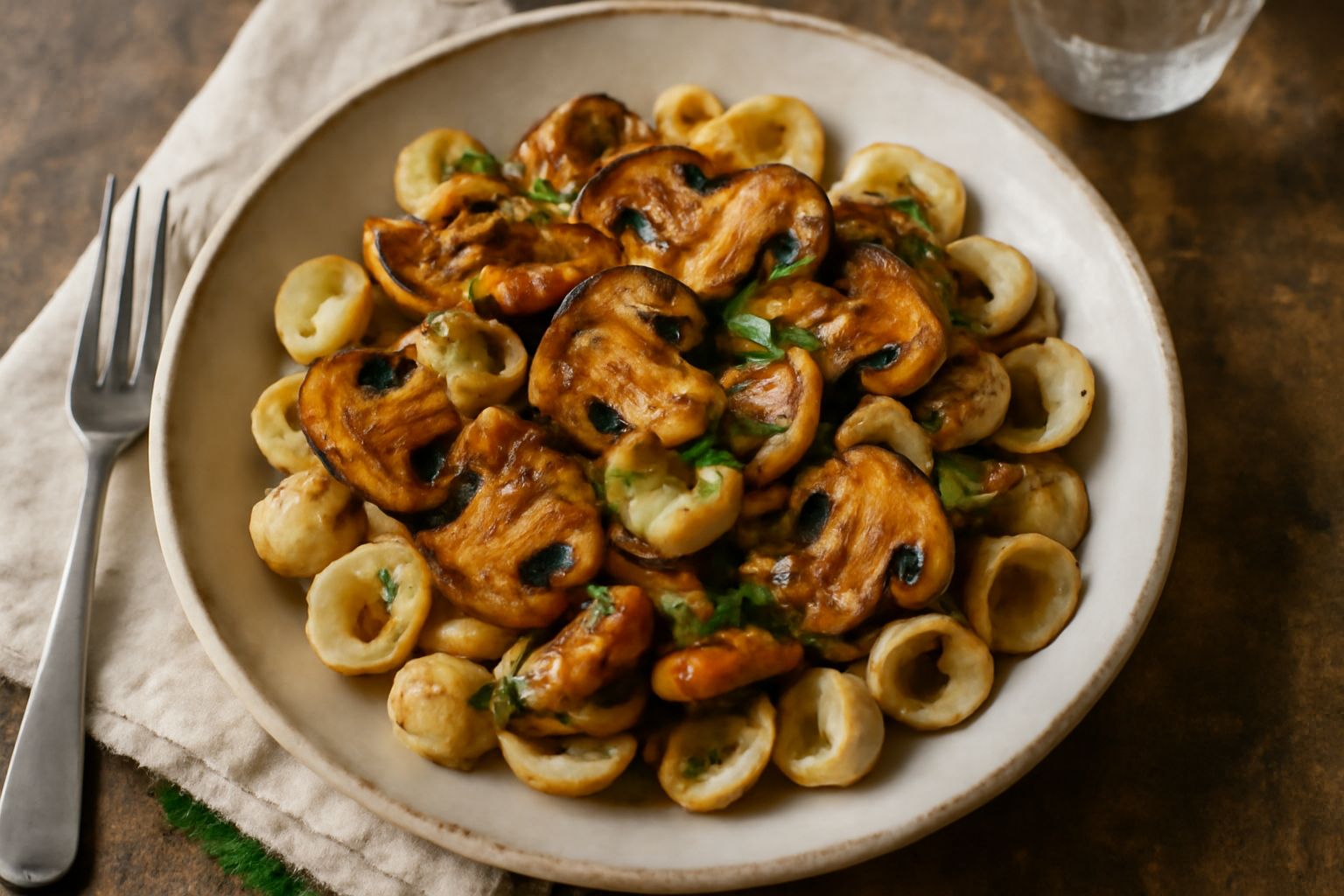 Piatto di orecchiette ai funghi con funghi trifolati dorati, prezzemolo verde fresco, olio di oliva brillante, su fondo bianco neutro