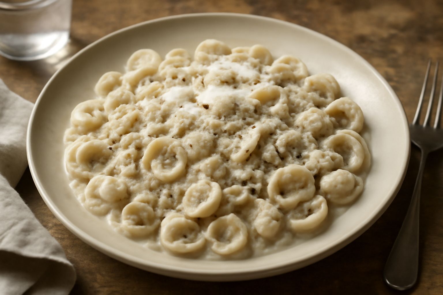 Piatto di orecchiette fredde al ragù bianco con pasta tonda ricoperta di salsa cremosa bianca, spruzzata di formaggio grattugiato e pepe nero, servita su fondo azzurro