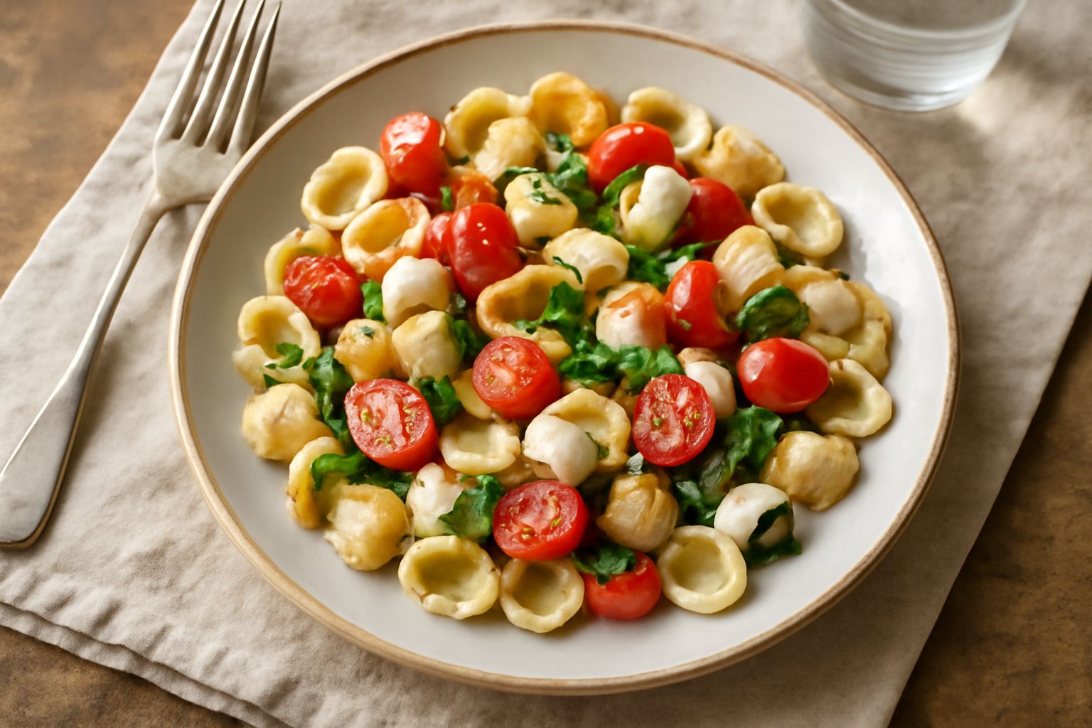 Piatto bianco con orecchiette fredde condite con cubetti di pomodoro rosso, foglie di basilico verde, mozzarella bianca a dadini e olio dorato, su sfondo di lino beige
