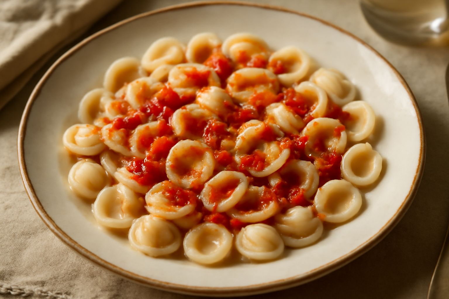 Orecchiette fresche bianche e appiattite a forma di piccoli orecchi distribuiti su una tavola di legno infarinata, con accanto un mazzo di prezzemolo fresco e un cucchiaio di legno