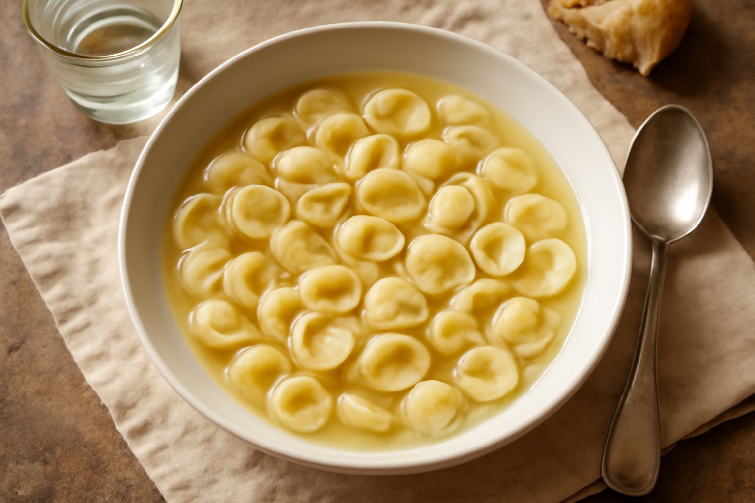 Una ciotola bianca di ceramica contenente orecchiette cotte in brodo chiaro, con qualche goccia d'olio d'oliva dorato in superficie, una spolverata di pecorino grattugiato, pepe nero e prezzemolo fres