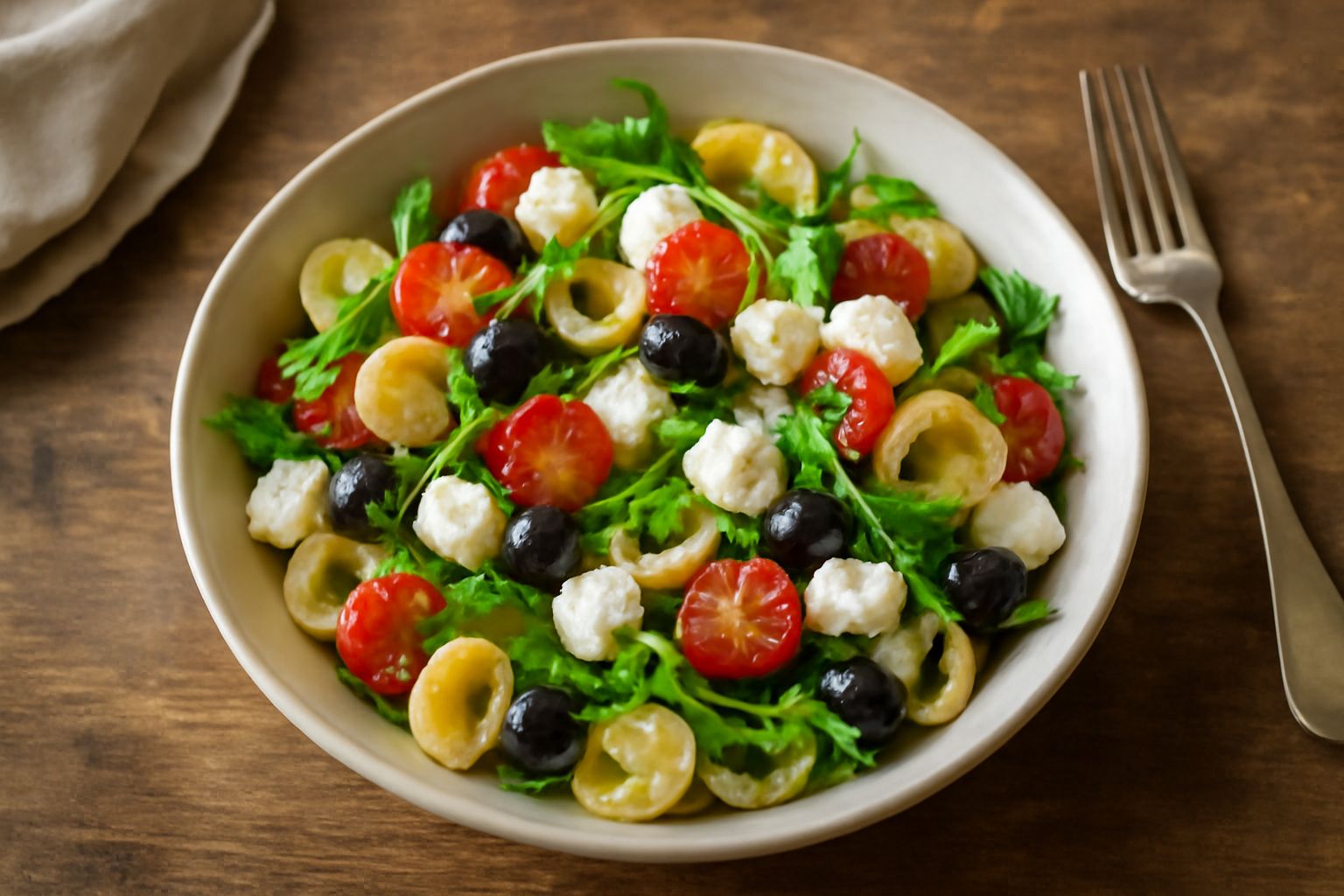 Orecchiette fredde in una ciotola bianca con pomodori rossi tagliati, cetriolo verde, olive nere, mozzarella bianca, insalata verde e olio lucido che riluce in superficie