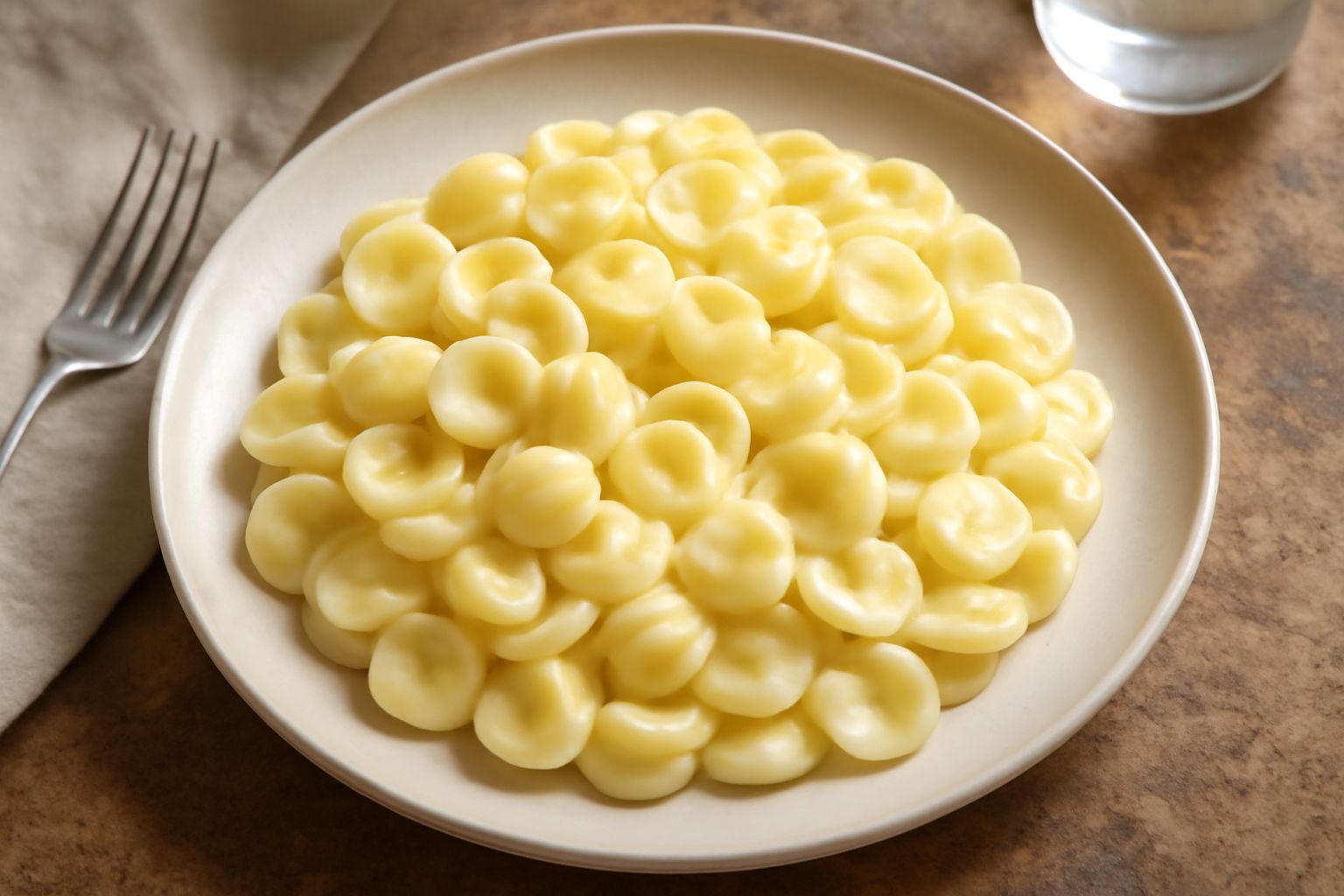 Orecchiette lisce disposte nel piatto bianco con leggero condimento a base di burro e formaggio, illuminazione naturale, pasta dalla forma tonda e liscia ben visibile