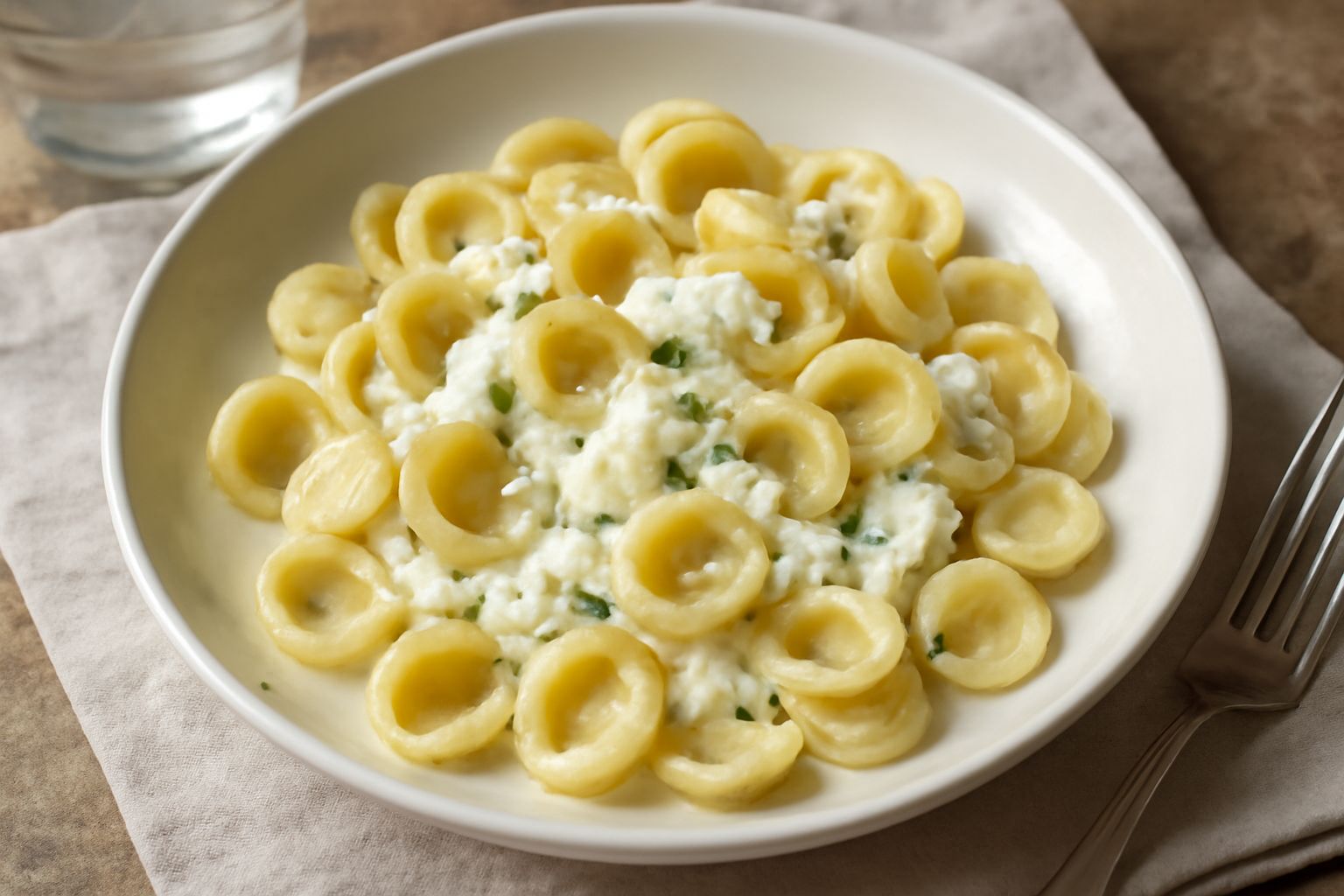 Piatto di orecchiette pasqualine con ricotta bianca, pezzetti di uova sode gialle, erbette verdi sparse, e grana grattugiato: il tutto su fondo bianco porcellana