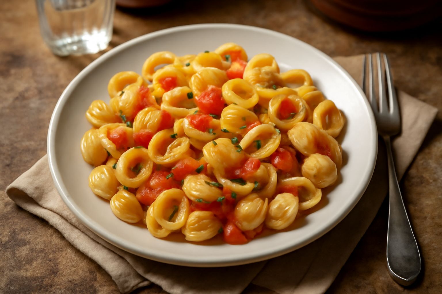 Piatto di orecchiette rigate condite con sugo di pomodoro fresco, prezzemolo verde e grana grattugiato, accanto a pomodori rossi interi e rami di basilico su tavolo grigio