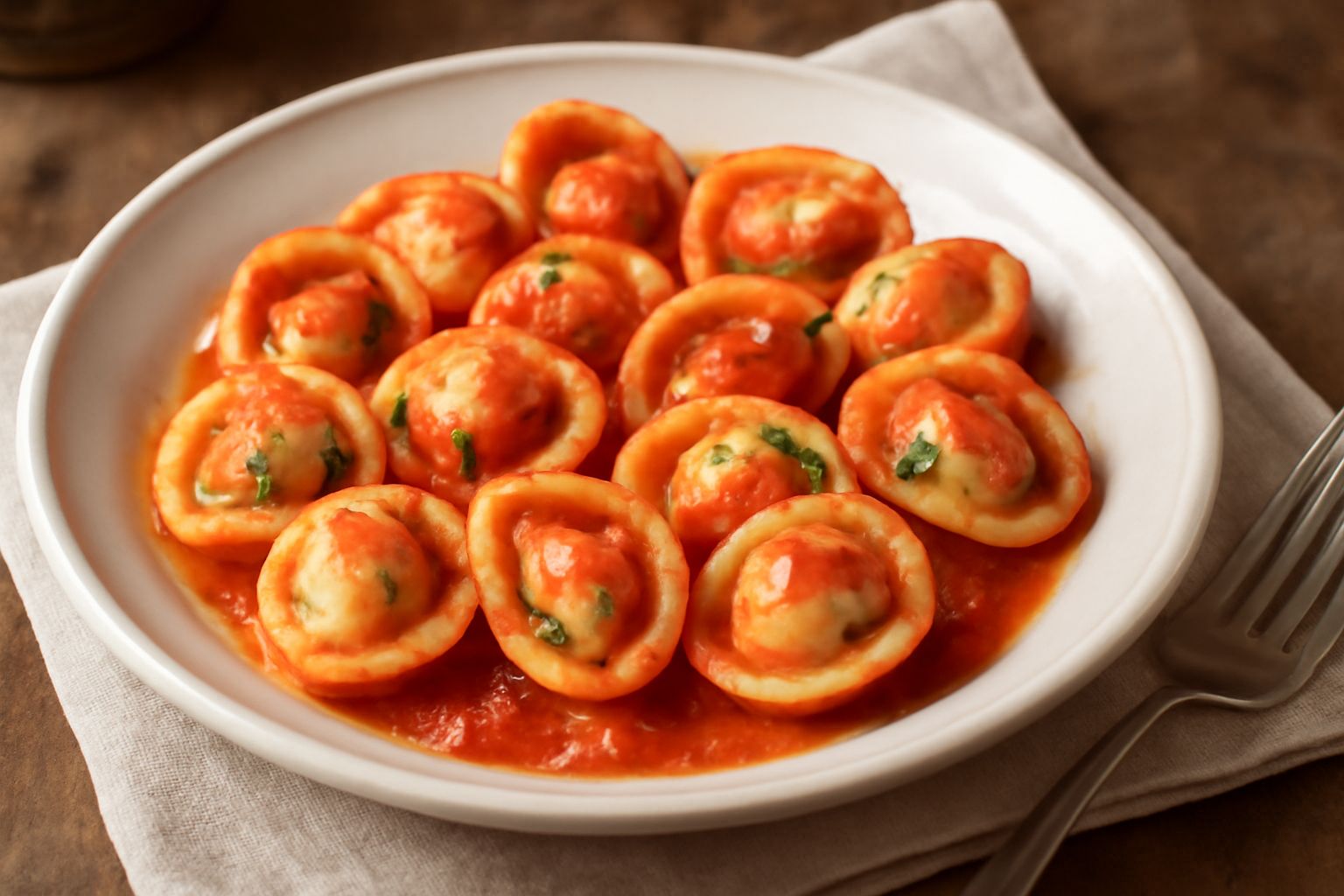 Orecchiette ripiene cotte in piatto bianco, con la forma concava ben visibile, ripieno di ricotta che fuoriesce, condite con sugo di pomodoro leggero e basilico fresco, contorno di insalata verde