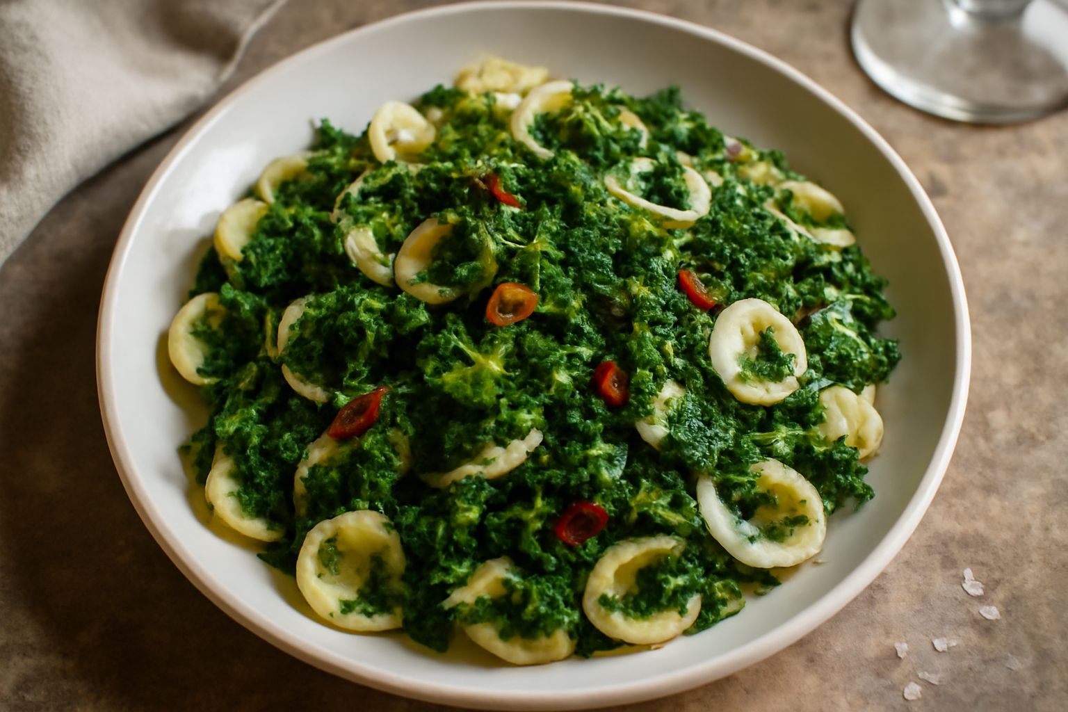 Piatto di orechiette con cime di rapa: pasta bianca a forma di orecchiette ricoperta da foglie verdi scure e pezzi di aglio dorato, condimento di olio brillante a filo, servito su piatto bianco fondo.