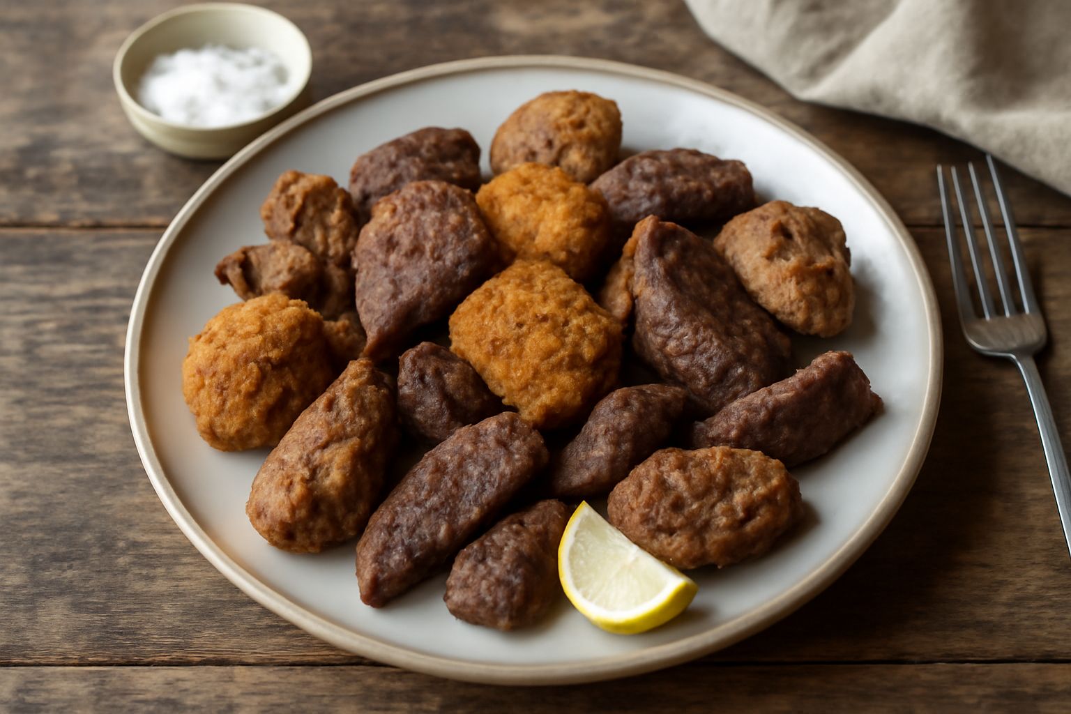 Organi di vitello fritti dorati e croccanti su un piatto bianco, con una fetta di limone e prezzemolo fresco