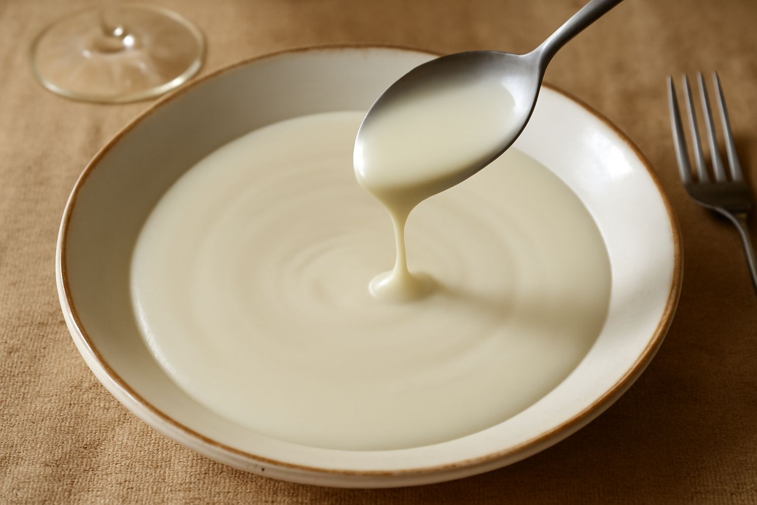 Un bicchiere trasparente riempito di liquido bianco cremoso e denso, con una mandorla intera appoggiata sul bordo, su uno sfondo di mandorle sgusciate sparse e una cucina luminosa