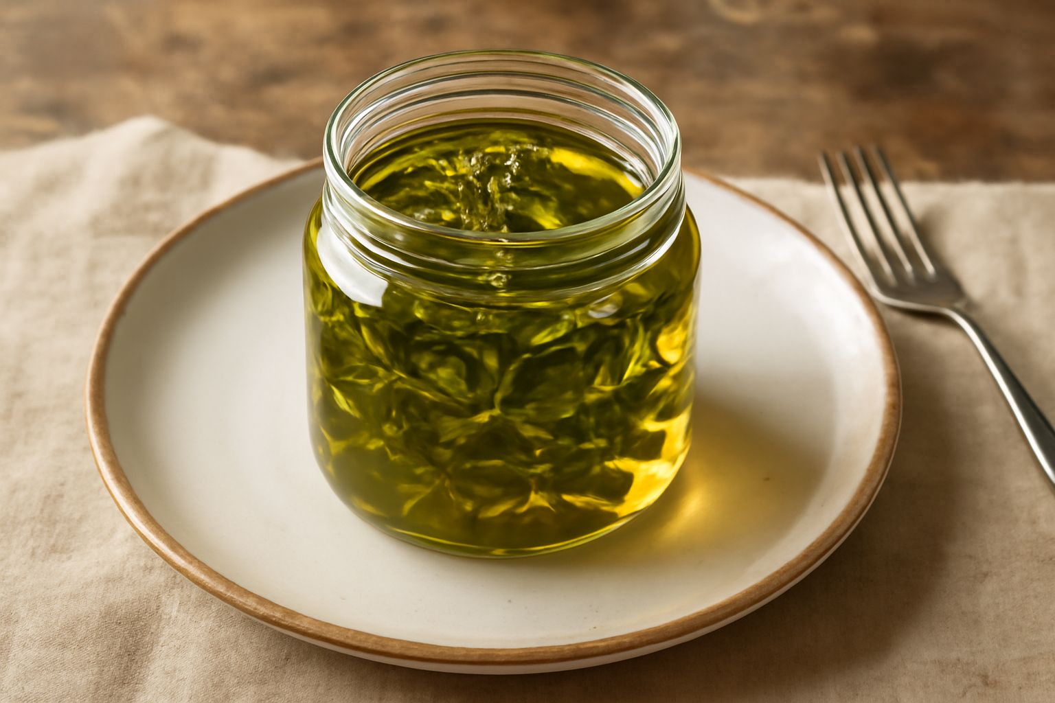 Vasetto di vetro con origano fresco verde immerso in olio dorato trasparente, con rametti visibili e foglie galleggianti, su fondo bianco